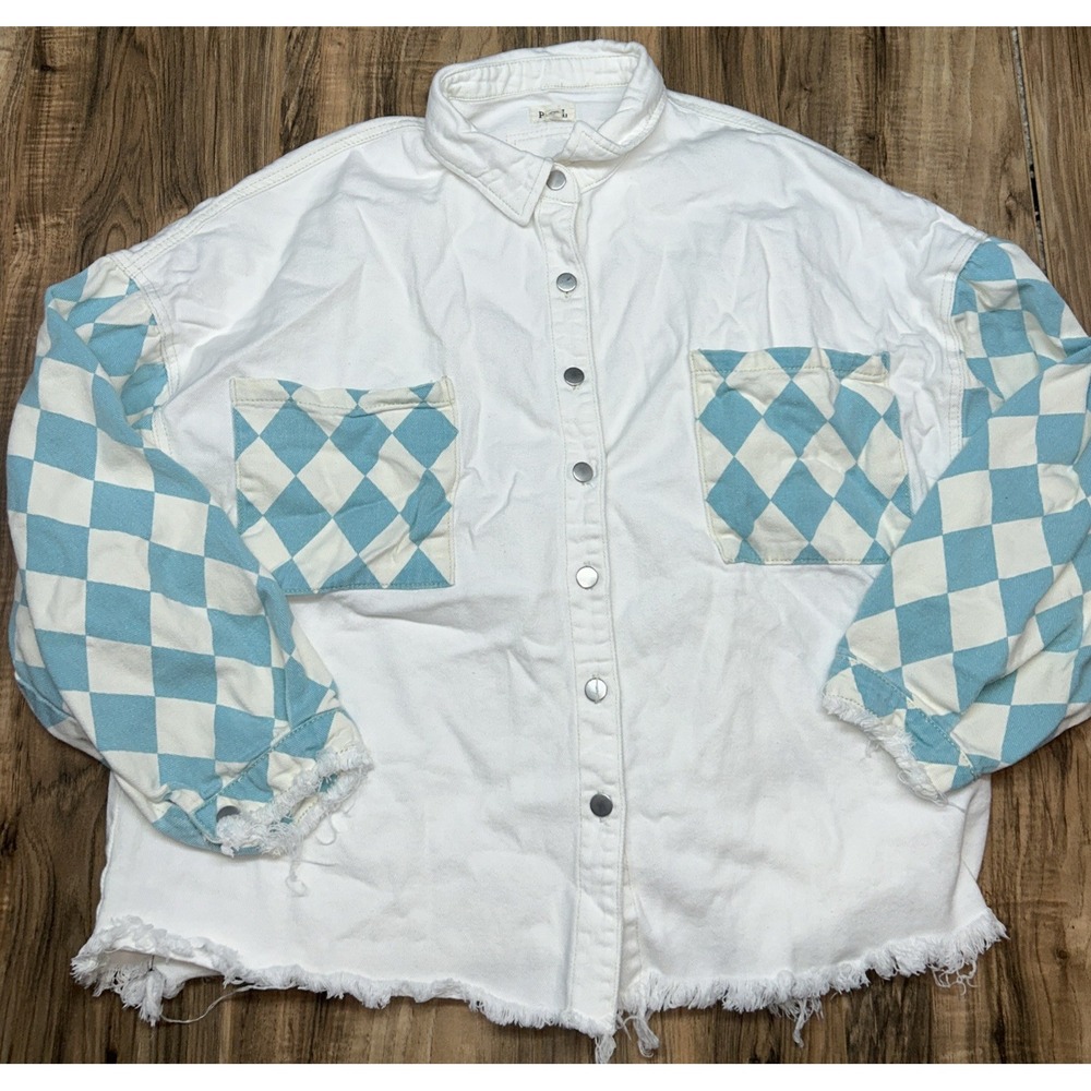 POL Checked Out Twill Oversized Button Down Shacket, White Turquoise Womens‎ Med
